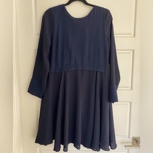 Zara Dress Wool & Viscose long sleeve dress Dark Navy georgette w Navy wool Sz L